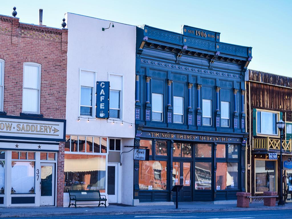 Old-fashioned shopfronts in the historic downtown as the sun sets