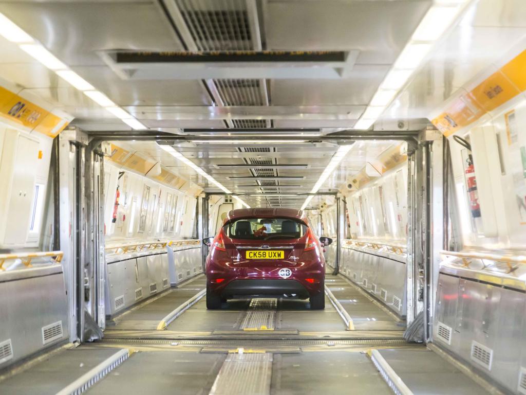 Cars boarding the High speed Eurostar trains for the Channel Tunnel crossing between France and England