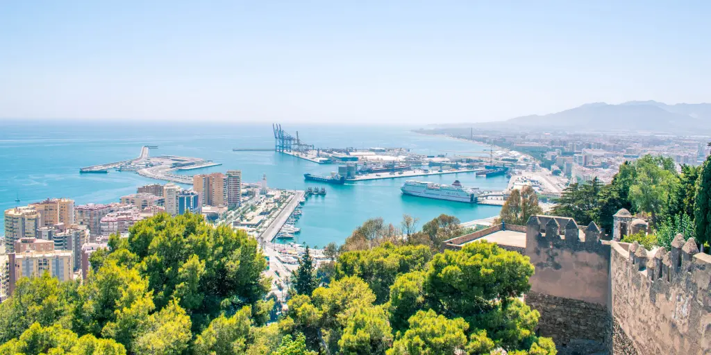 A view of Malaga's port and the high-rises by the water as seen from Mount Gibralfaro