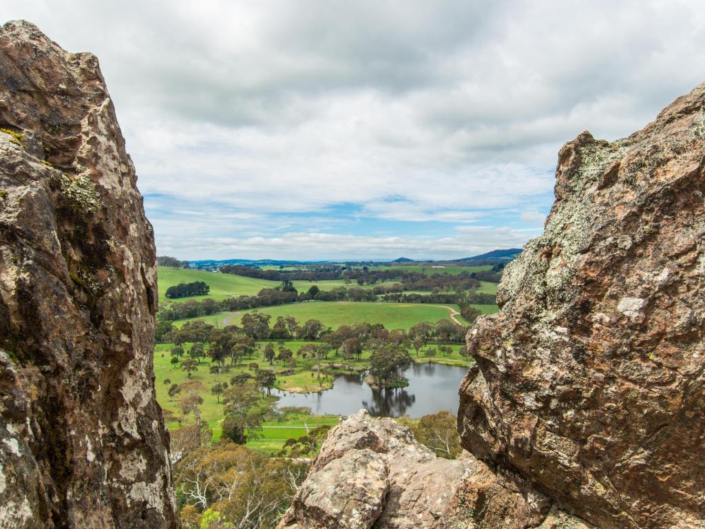 Panoramic view over rural Victoria, Australia from the Hanging Rocks rock formation in the Macedon Ranges region.