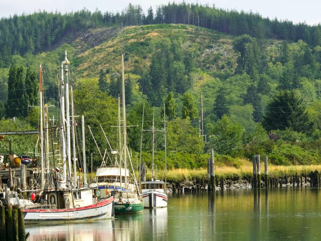 Boats moored in the Hoquiam River in Grays Harbor County, Washinton.