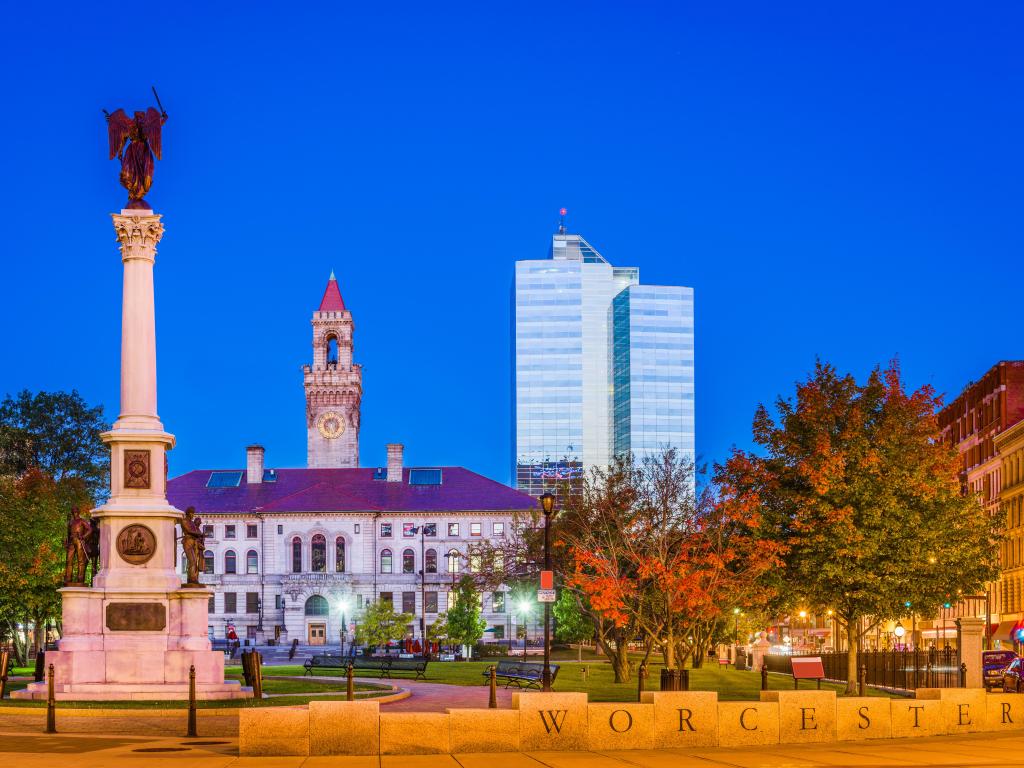 Worcester, Massachusetts, USA taken at Worcester Common at early evening with historic buildings and modern skyscrapers in the background.