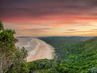 Bryon Bay, New South Wales, Australia at sunset with dense trees in the foreground looking down at the beach sweeping to the horizon.