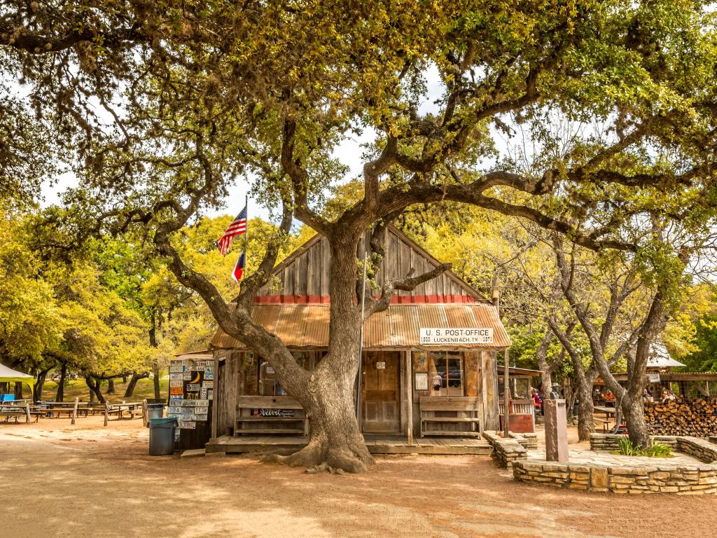 The post office general store at Luckenbach, which is an old Texan town. There is a tree in front of the vintage-looking post office.