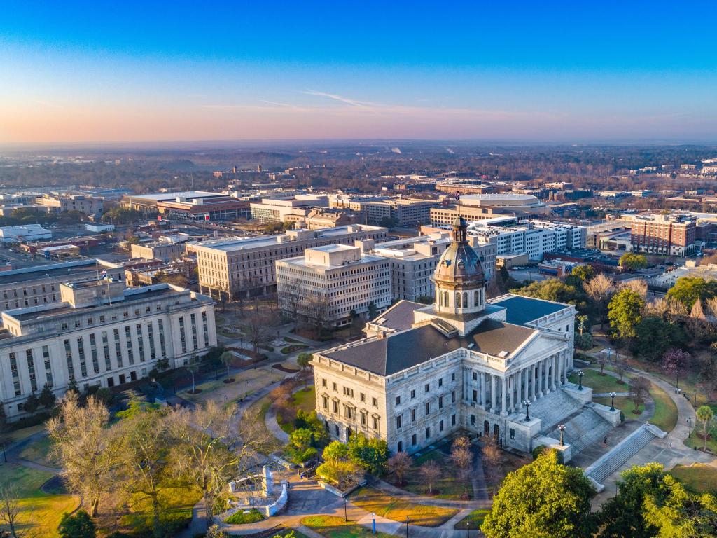 Columbia, South Carolina, USA taken as a drone aerial view of downtown Columbia just at sunset.