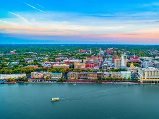 Savannah Georgia Downtown Skyline Aerial.
