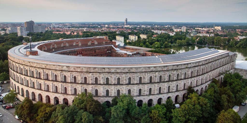 The Colosseum-like structure of the Nazi congress, now the Documentation Centre and Nazi Party Rally Grounds museum, from above