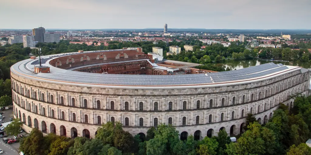 The Colosseum-like structure of the Nazi congress, now the Documentation Centre and Nazi Party Rally Grounds museum, from above