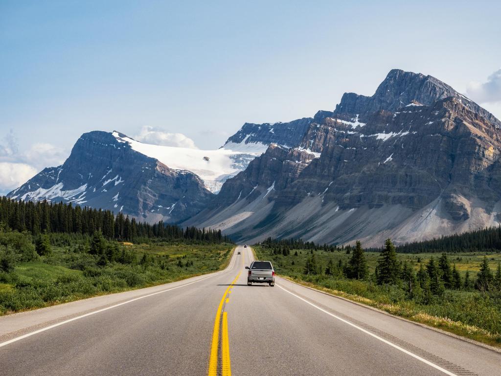 Scenic views on Icefields Parkway between Banff National Park and Jasper in Alberta, Canada.