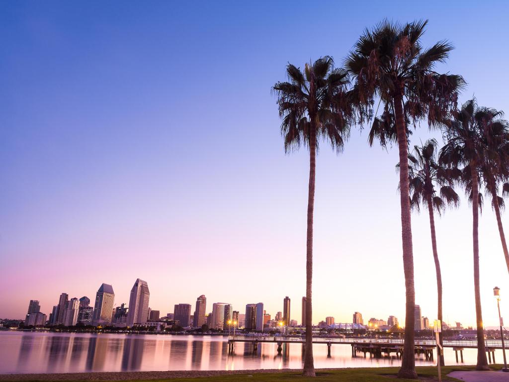 Coronado Island, California, USA with a view of California Palm Trees and City of San Diego in the distance taken at sunset.