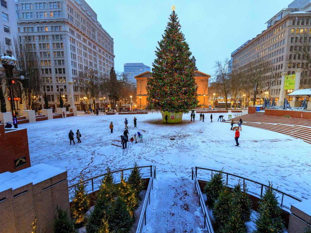 Christmas tree in the middle of Pioneer Square in Portland, Oregon.