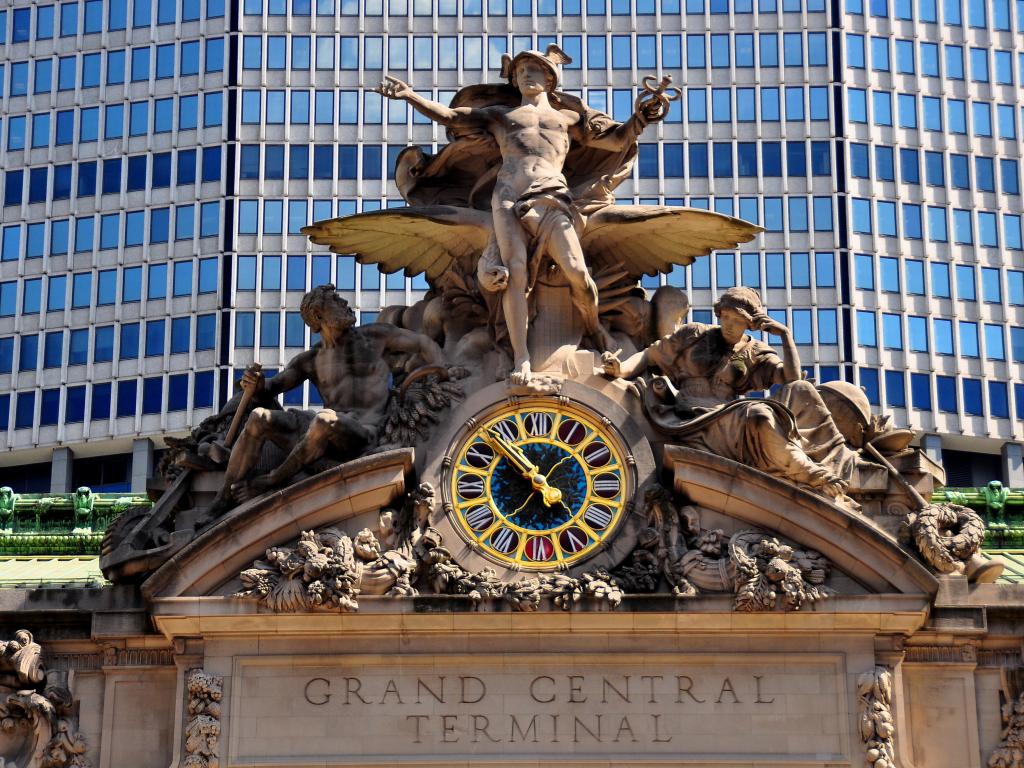 The iconic beaux arts statue of the Greek God Mercury adorns the south facade of Grand Central Terminal 