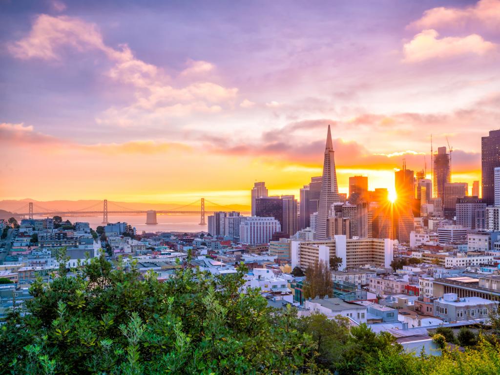 Sunset over the business center of San Francisco, California