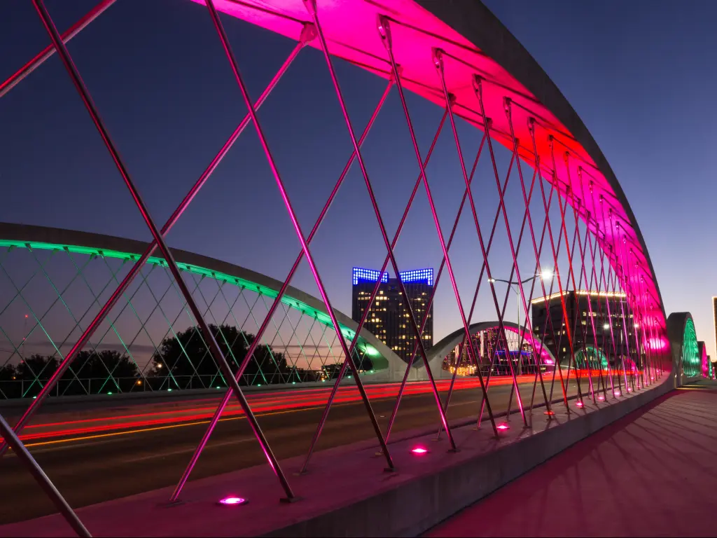 Fort Worth, Texas, USA taken at West 7th Street Bridge at night with neon colors on the bridge. 