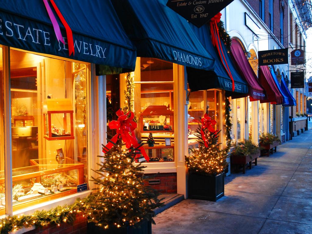 Christmas lights and decorations shine in Woodstock, Vermont's downtown district
