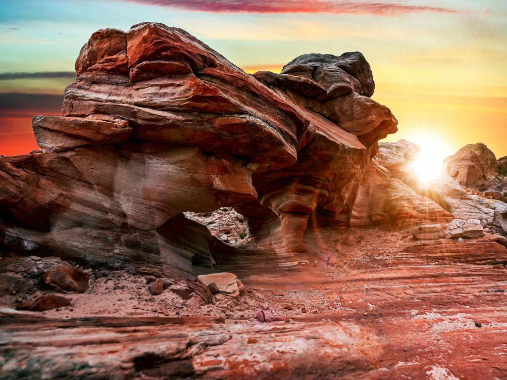 The mesmerizing red rock layers and formations of the desert landscape at the Valley of Fire State Park near Las Vegas, Nevada USA.