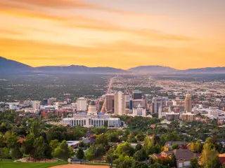 Downtown skyline of the city during an orange sunset