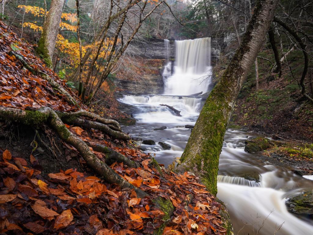 Finger Lakes Region, New York, USA with a long exposure image of a waterfall and river with trees during fall.