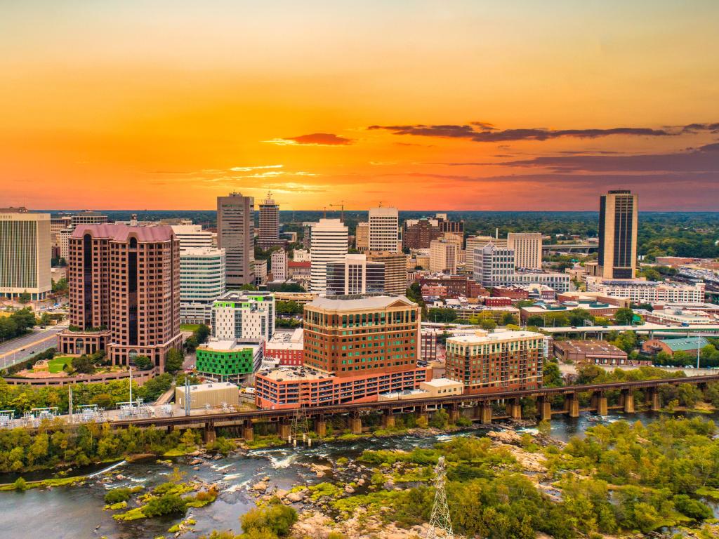 Richmond, Virginia, USA Drone Skyline Aerial at Sunset.