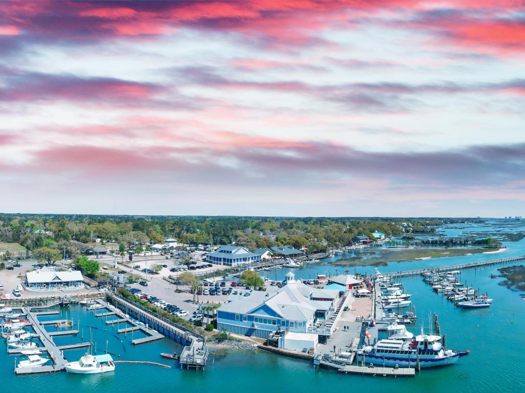 Georgetown, South Carolina, USA taken as a panoramic aerial view at sunset.