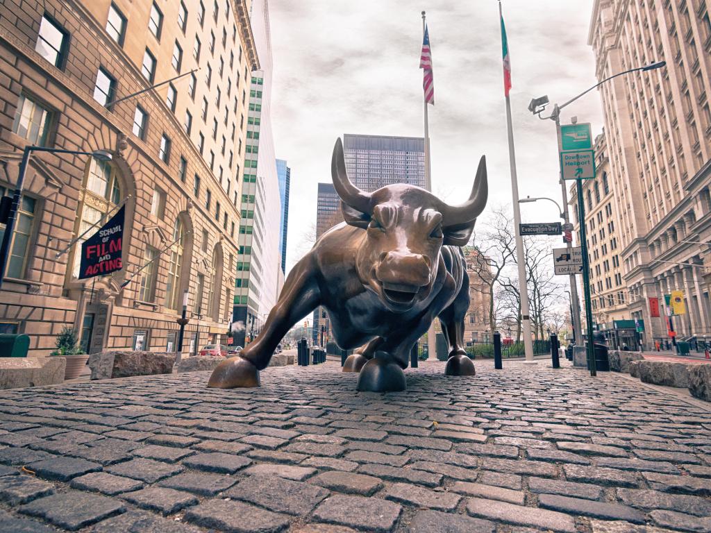 Charging Bull Statue, photo taken from the ground on an overcast day