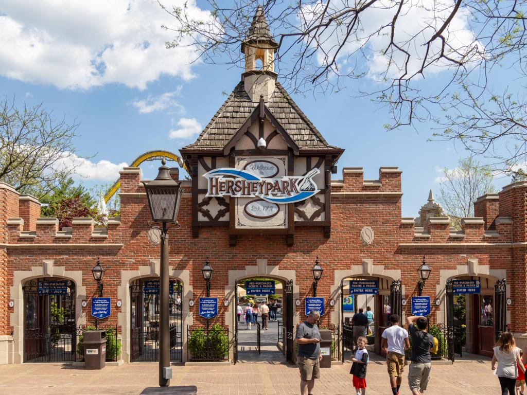 The main gateway entrance to Hersheypark, a family theme park situated in Hershey, Pennsylvania.