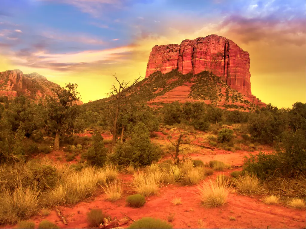 Towering red rocks in the Red Rock State Park near Sedona as the sun sets