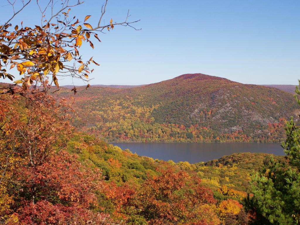 View from Storm King Mountain, with colorful trees surrounding the peaks