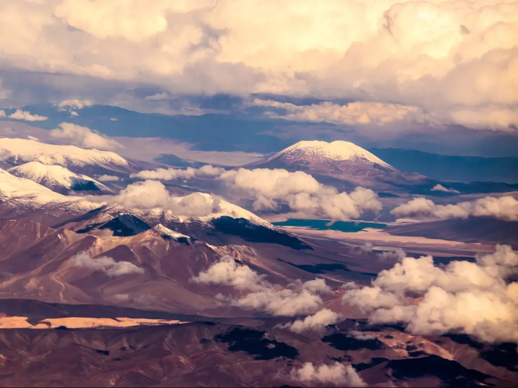 The Ojos del Salado volcano in the distance in the Atacama mountains between Chile and Argentina