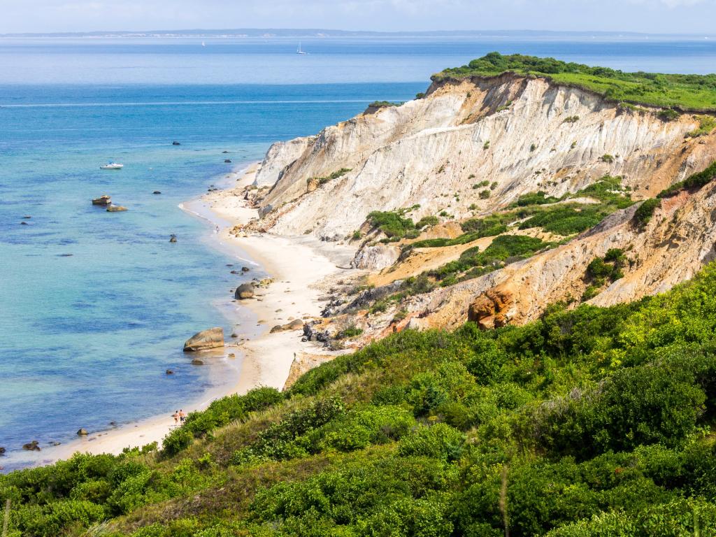 Martha's Vineyard, Massachusetts with views of the Gay Head cliffs of clay and the calm sea below taken on a clear sunny day.