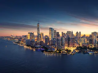 New York City panorama skyline at sunrise. Manhattan office buildings / skysrcapers at the morning. New York City panoramatic shot.