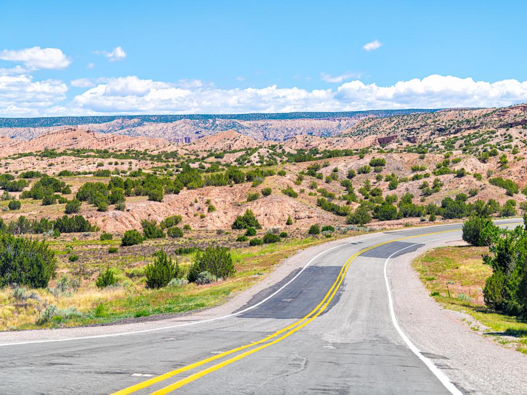 Scenic section of the highway from Santa Fe to Taos on a bright summer day