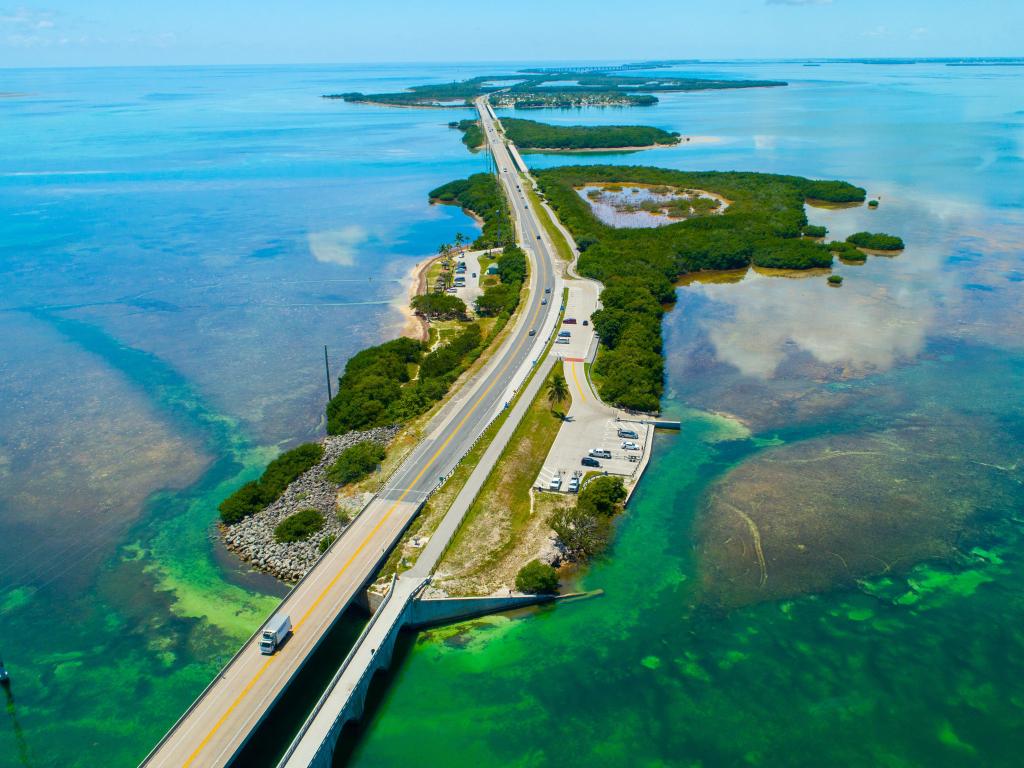 Aerial view of stunning blue waters and Overseas highway to Key West island, Florida Keys, USA. 