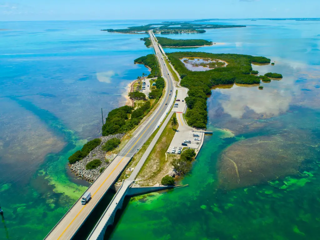 Aerial view of stunning blue waters and Overseas highway to Key West island, Florida Keys, USA. 
