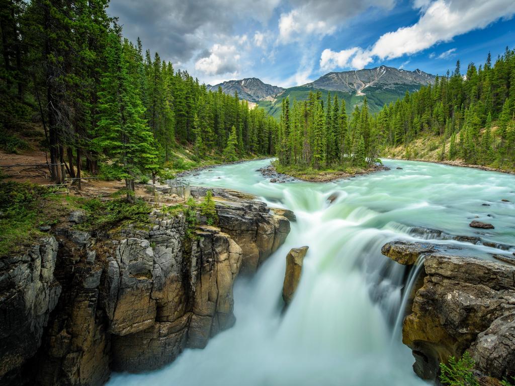 Athabasca Glacier, Jasper National Park, Canada taken at Upper Sunwapta Falls with the water originating from the Athabasca Glacier in the distance and trees surrounding the waters edge, mountains in the distance. 