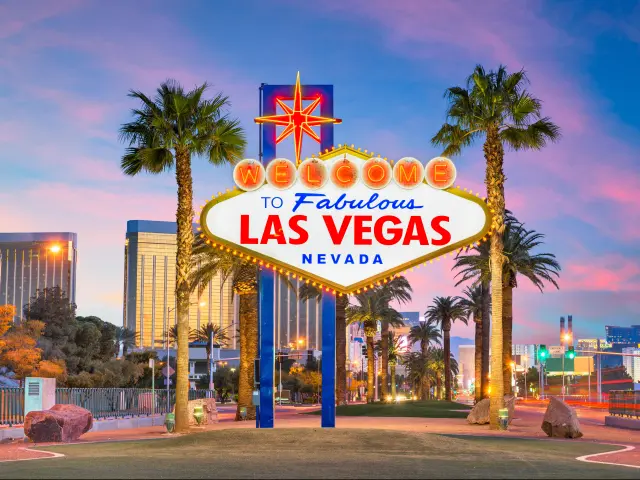 Las Vegas, Nevada USA, at the Welcome to Las Vegas Sign at dusk.