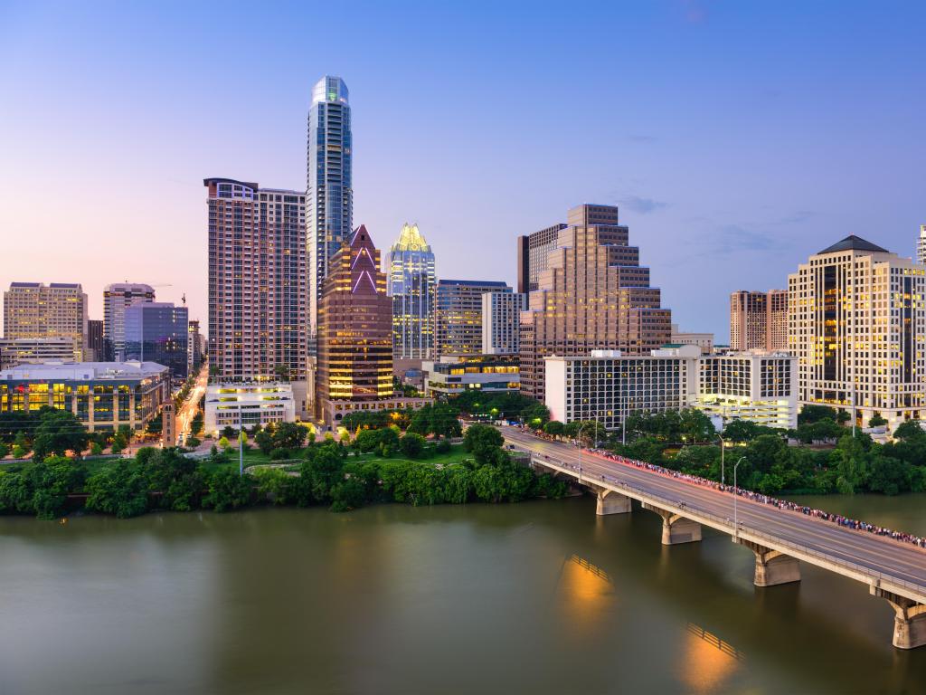 Austin, Texas, USA downtown skyline at sunset.