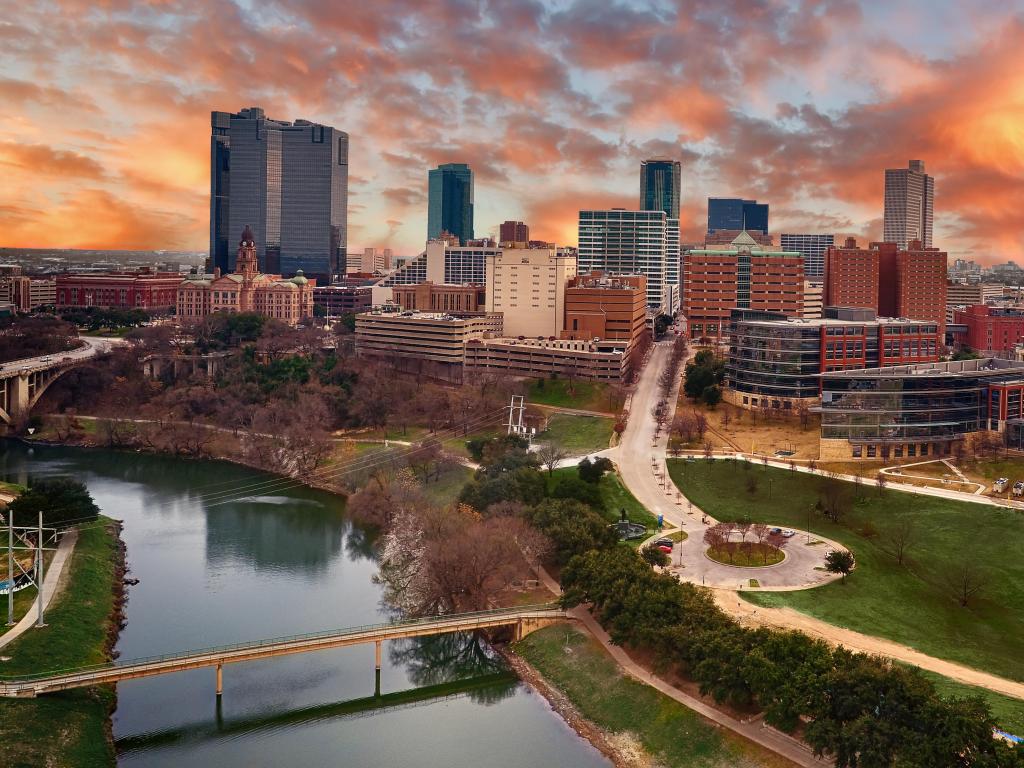 Aerial view of downtown Fort Worth, Texas, USA at sunset.