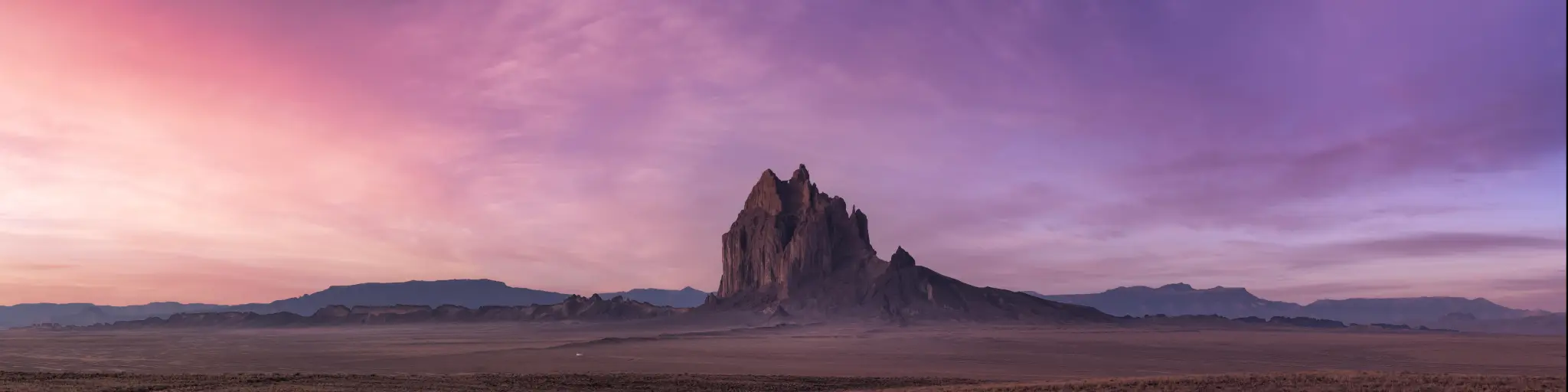 Wide, flat desert with large rock rising up, in pink light