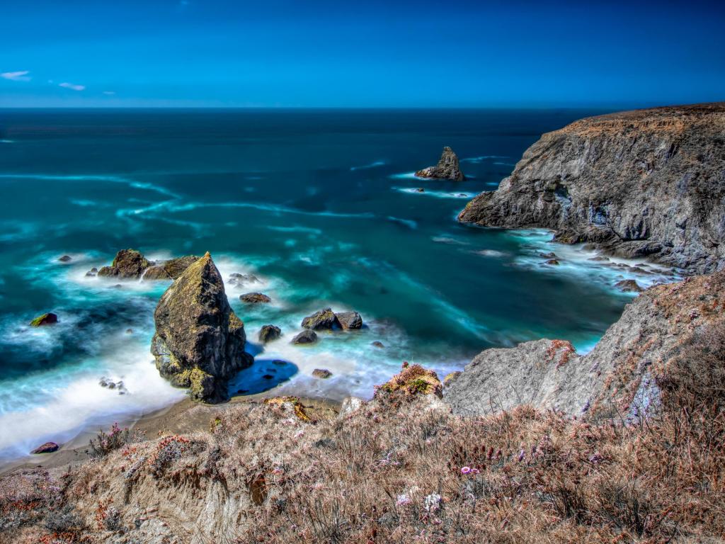 Bodega Bay in Sonoma County, California, on a sunny day with the blue sea