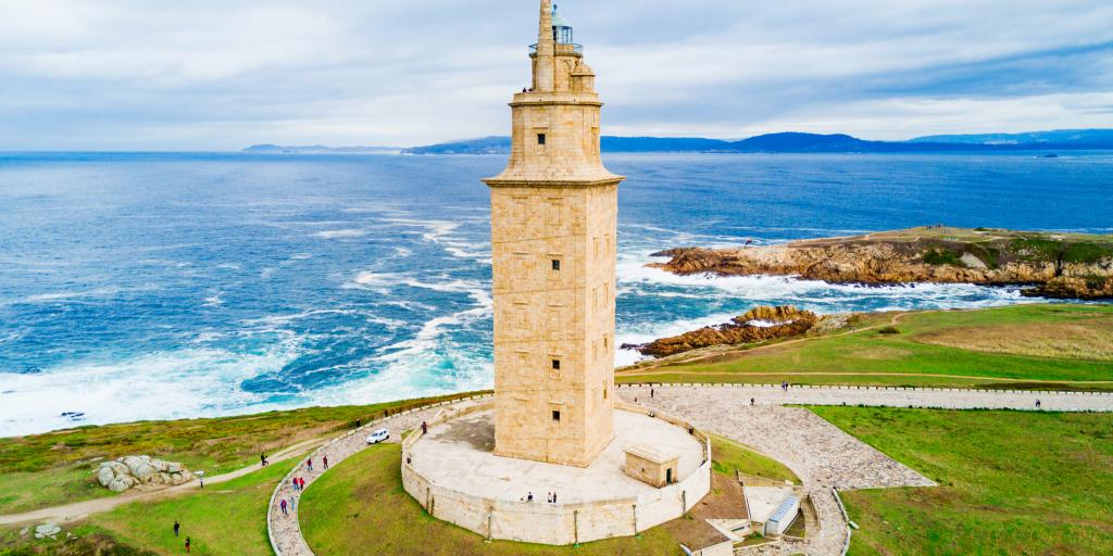 The ancient Roman Tower of Hercules perches on a hill in La Coruna, Spain