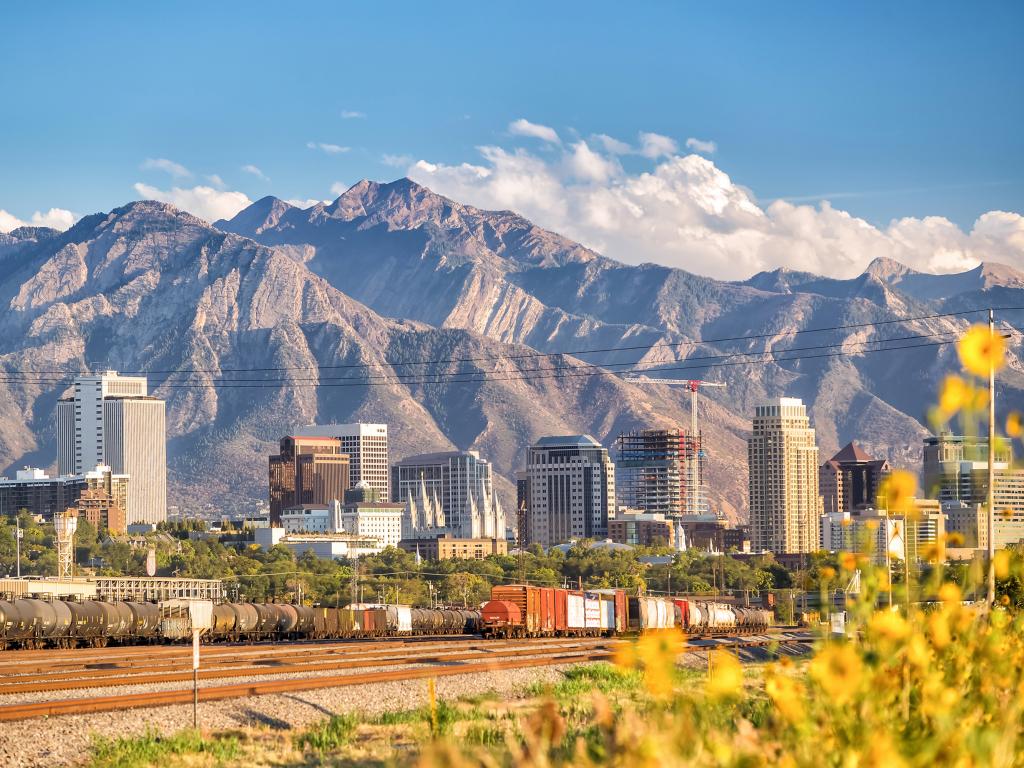 Salt Lake City downtown surrounded by mountains