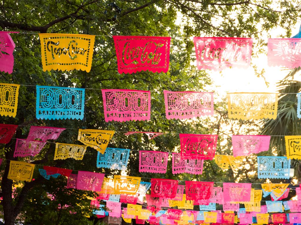 Colorful flags strung between trees 