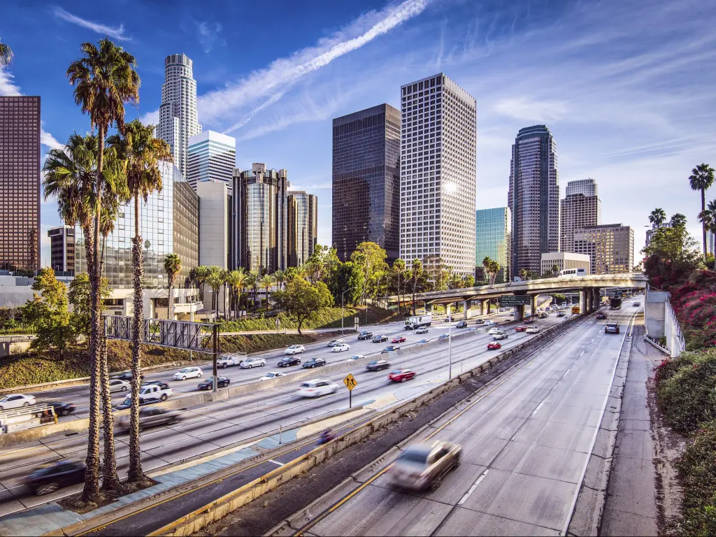 Los Angeles, USA with the city skyline in the background taken on a clear sunny day with traffic leading towards the city and a couple of palm trees in the foreground. 