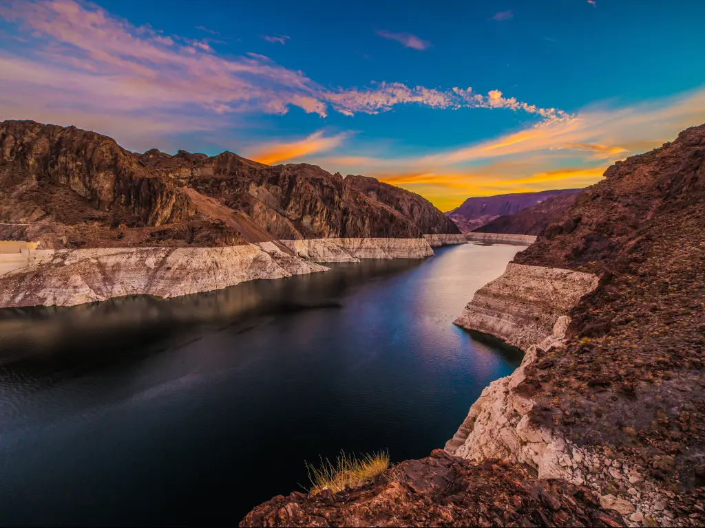 Lake Mead behind Hoover Dam at sunrise.