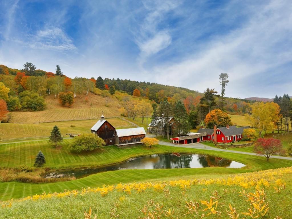 Woodstock, Vermont, USA overlooking a peaceful New England Farm in the autumn at early morning, with grass and hills in the background on a sunny day.