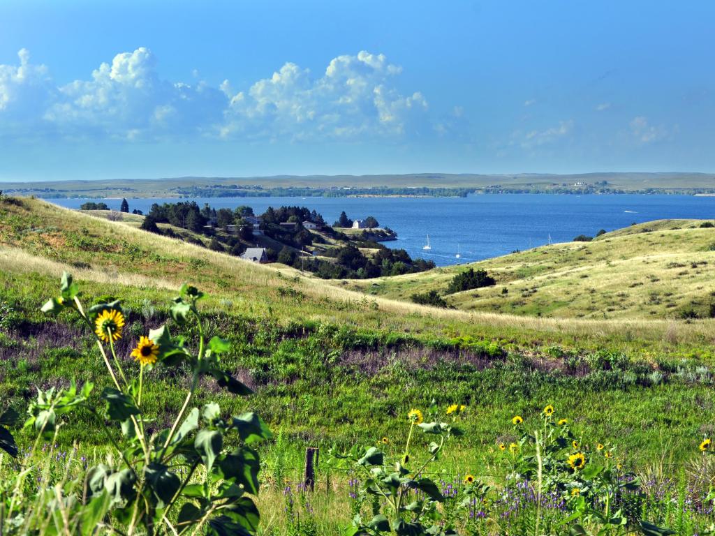 Rolling Nebraska grassland slopes down to blue, Lake McConaughy. Tiny white sailboats dot small bay.