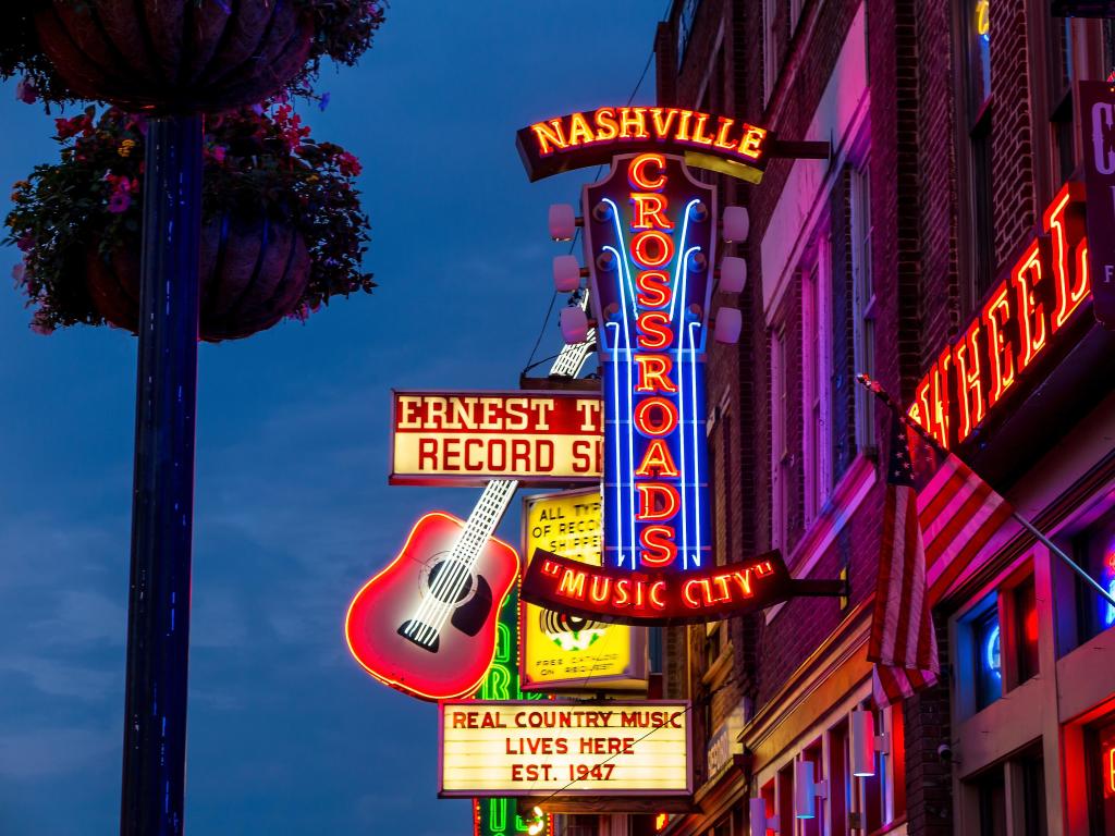 Nashville, Tennessee, USA with neon signs on Lower Broadway Area at night.