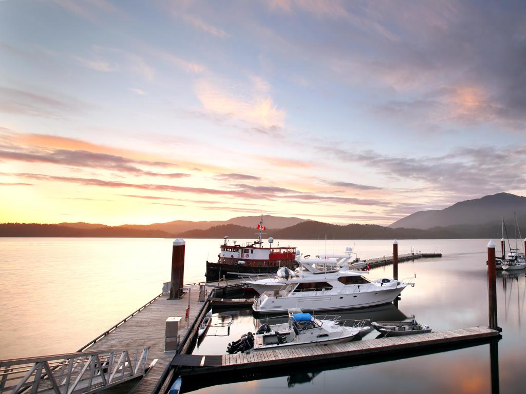 Prince Rupert, BC, Canada taken at Sunset at Rushbrook Harbour with mountains in the distance.