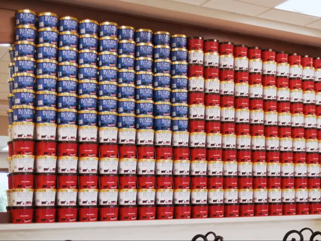 Blue Bell Creameries factory recreation of the American flag using ice cream tubs in Brenham, Texas.